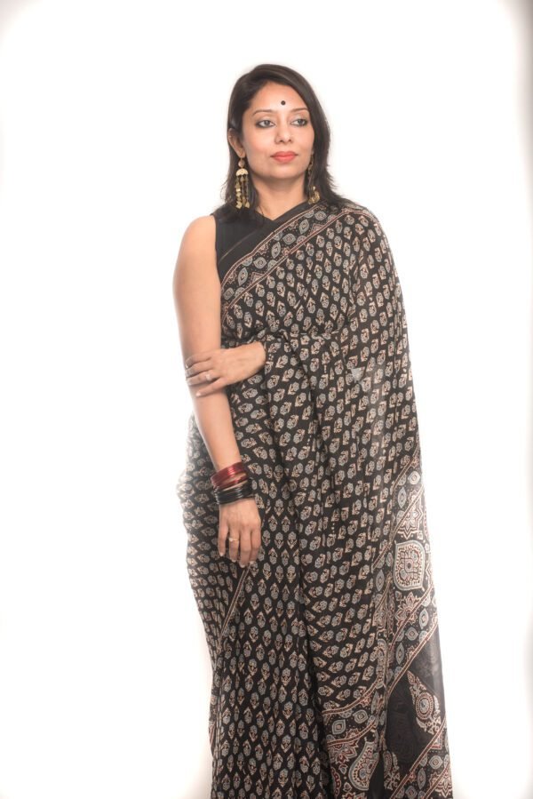 Ajrakh in Organza - Black - Image 3