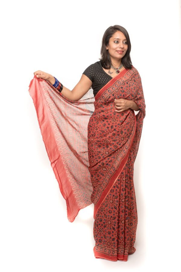 Red Ajrakh in Organza - Image 3