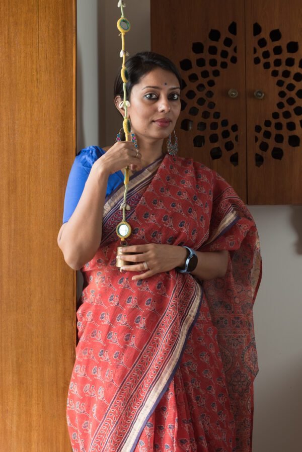 Ajrakh in Kota Doria - Red Saree - Image 3