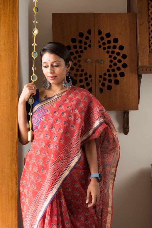 Ajrakh in Kota Doria - Red Saree - Image 2
