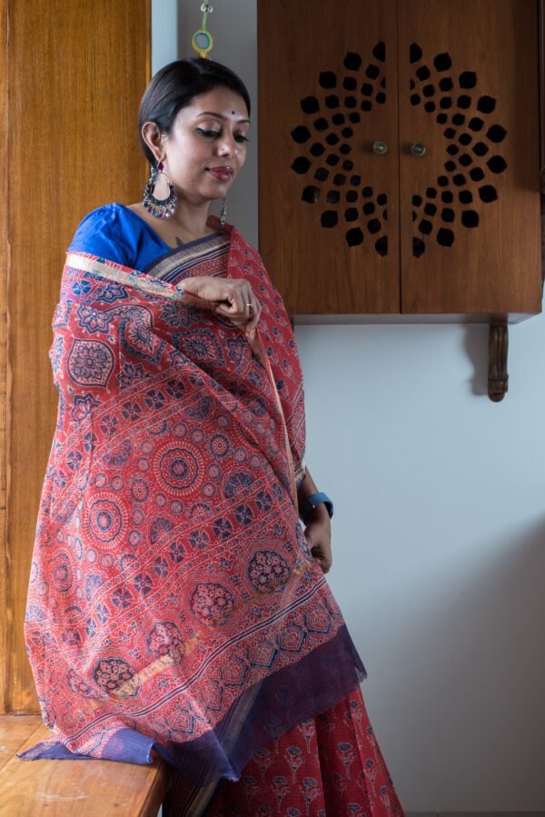 Ajrakh in Kota Doria - Red Saree - Image 4