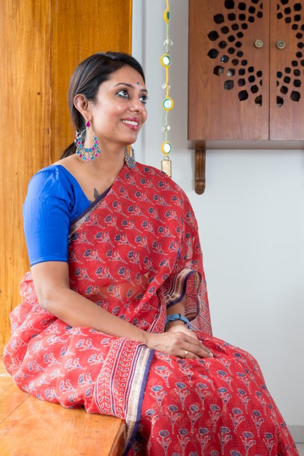 Ajrakh in Kota Doria - Red Saree - Image 5