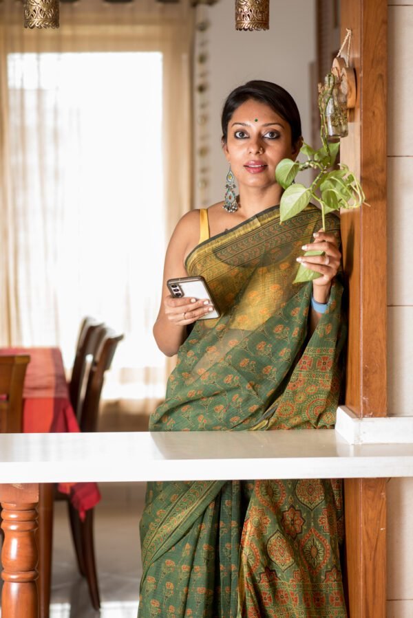 Ajrakh in Kota Doria - Green Saree - Image 6