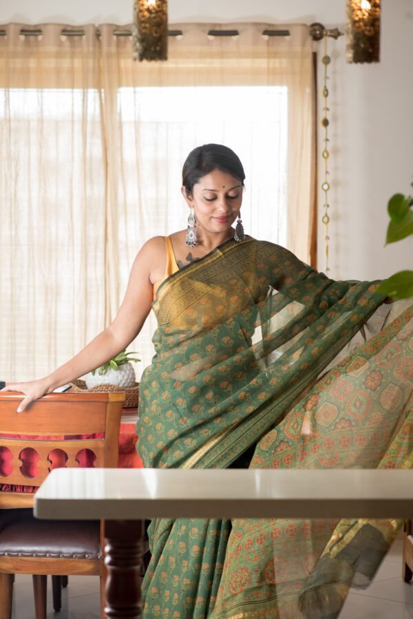 Ajrakh in Kota Doria - Green Saree - Image 5