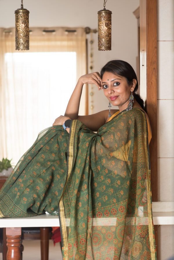 Ajrakh in Kota Doria - Green Saree - Image 3
