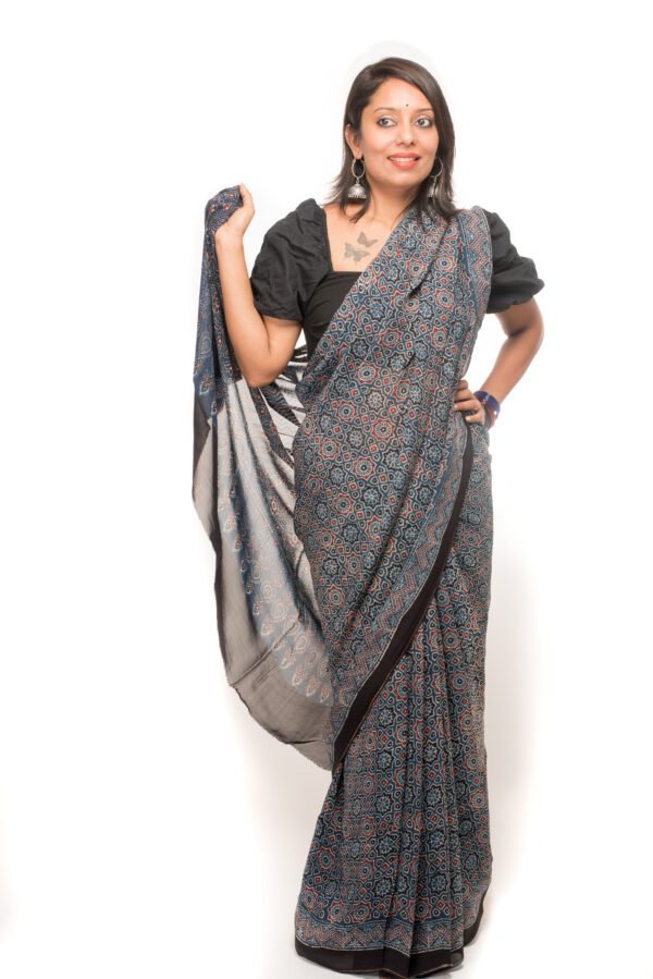 Ajrakh in Organza - Blue - Image 3